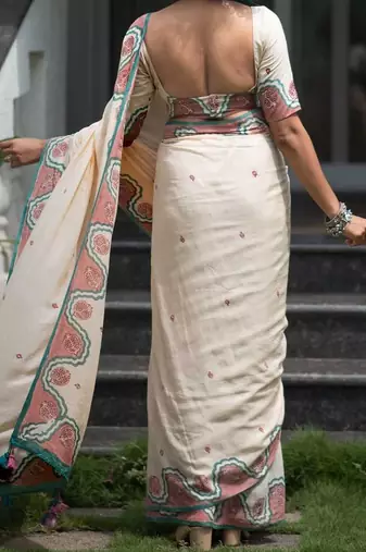 peach smart linen cotton blend smart printed saree