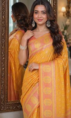 Yellow soft silk blend banarasi jacuard work festive saree with unstitched blouse piece 2