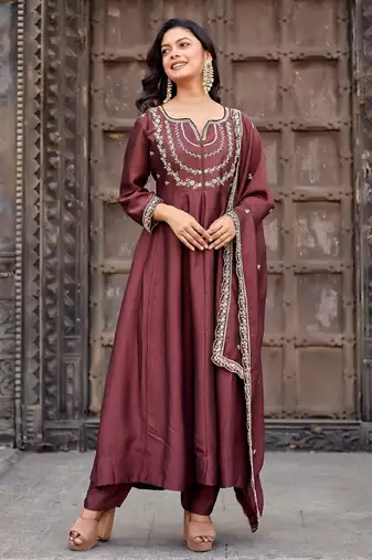 Burgundy embroidered vichitra silk kurta pant dupatta set