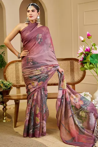 maroon cotton blend zari weaving floral digital print festive saree with unstitched blouse piece