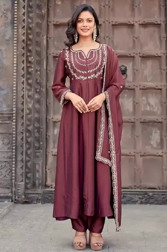 Burgundy embroidered vichitra silk kurta pant dupatta set