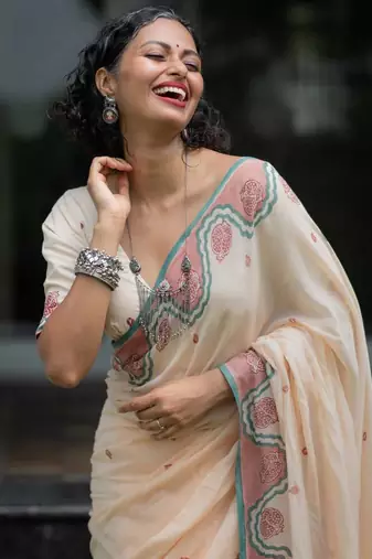peach smart linen cotton blend smart printed saree