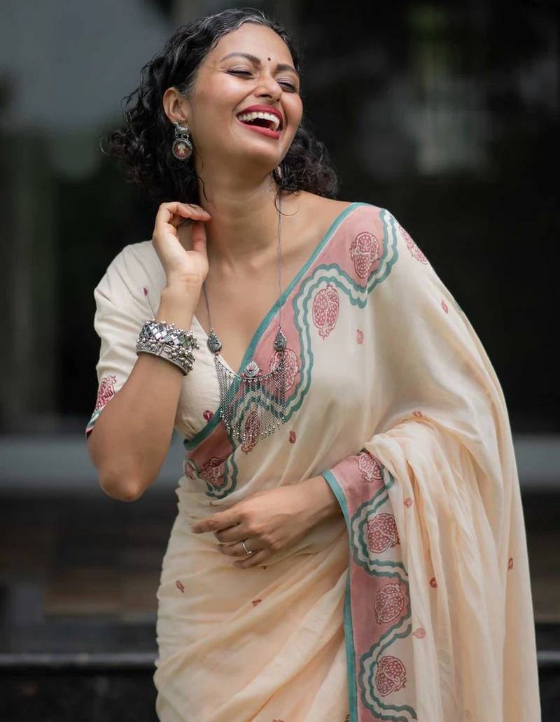 peach smart linen cotton blend smart printed saree