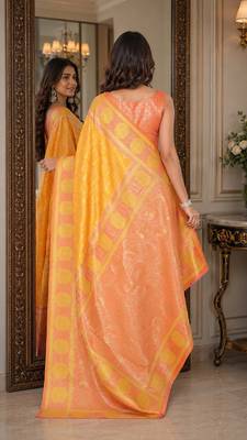 Yellow soft silk blend banarasi jacuard work festive saree with unstitched blouse piece 3