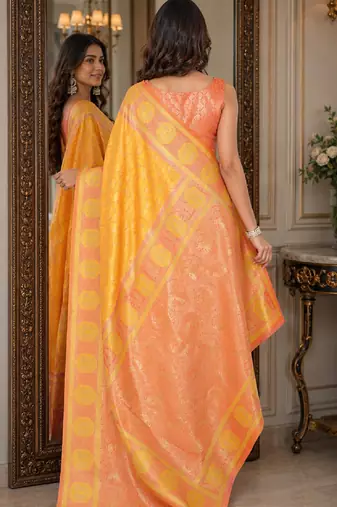 Yellow soft silk blend banarasi jacuard work festive saree with unstitched blouse piece