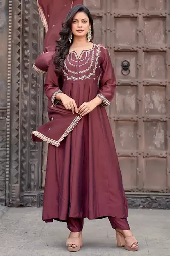 Burgundy embroidered vichitra silk kurta pant dupatta set