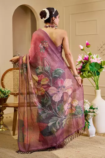 maroon cotton blend zari weaving floral digital print festive saree with unstitched blouse piece
