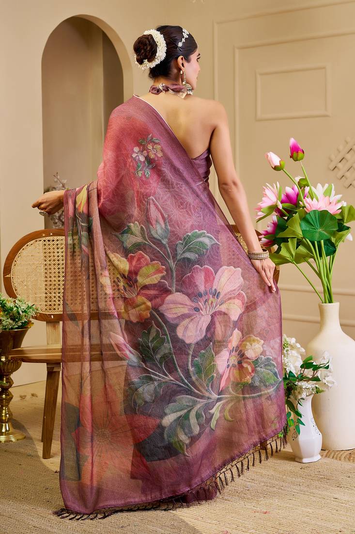 maroon cotton blend zari weaving floral digital print festive saree with unstitched blouse piece