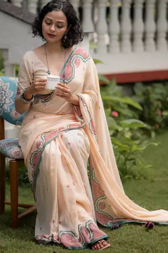 peach smart linen cotton blend smart printed saree