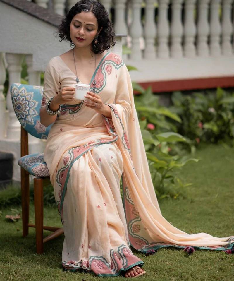 peach smart linen cotton blend smart printed saree