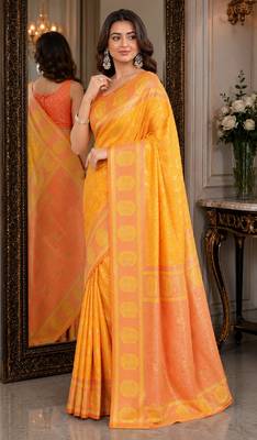 Yellow soft silk blend banarasi jacuard work festive saree with unstitched blouse piece 4