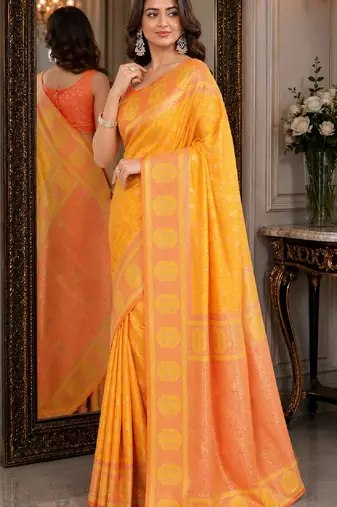 Yellow soft silk blend banarasi jacuard work festive saree with unstitched blouse piece