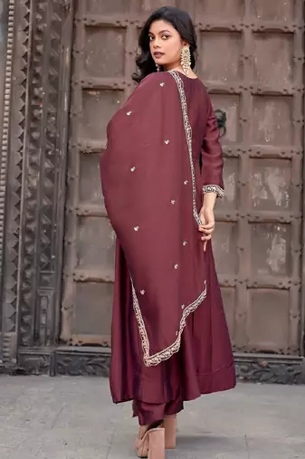 Burgundy embroidered vichitra silk kurta pant dupatta set