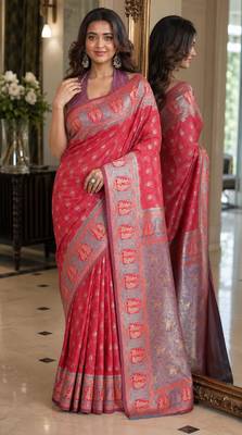 Pink soft silk blend banarasi jacuard work festive saree with unstitched blouse piece 1