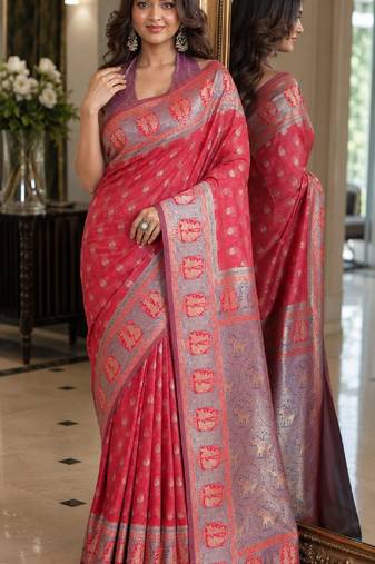Pink soft silk blend banarasi jacuard work festive saree with unstitched blouse piece