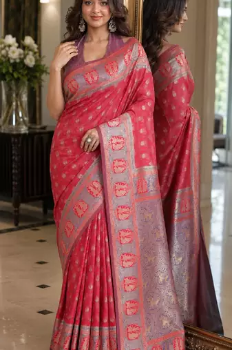 Pink soft silk blend banarasi jacuard work festive saree with unstitched blouse piece