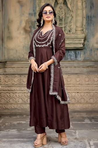 Coffee embroidered vichitra silk kurta pant dupatta set