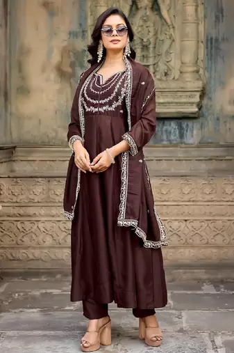Coffee embroidered vichitra silk kurta pant dupatta set