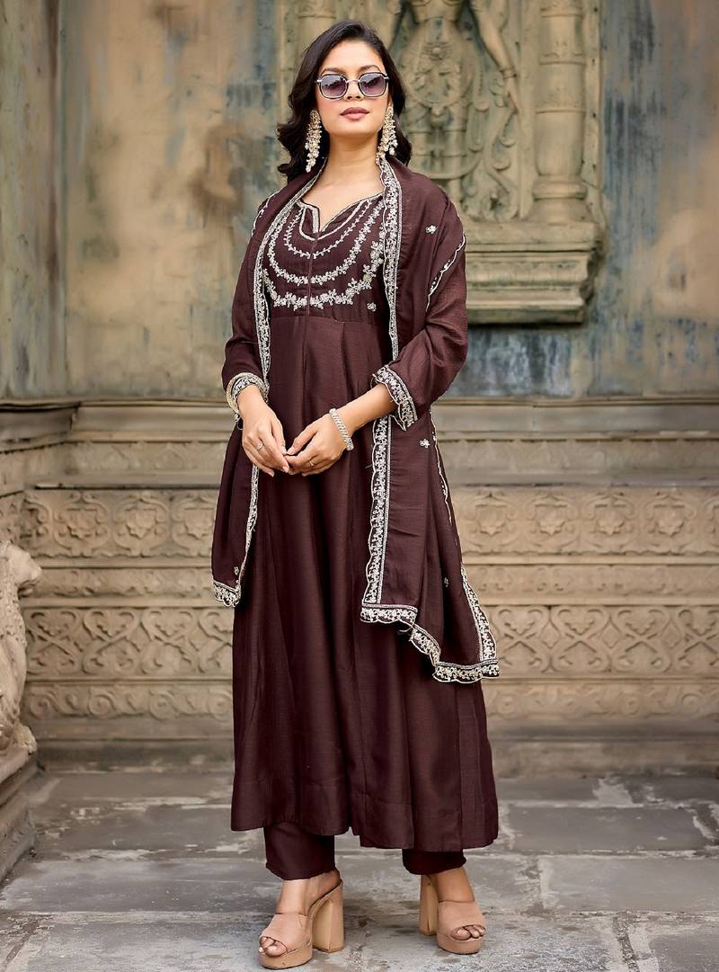 Coffee embroidered vichitra silk kurta pant dupatta set