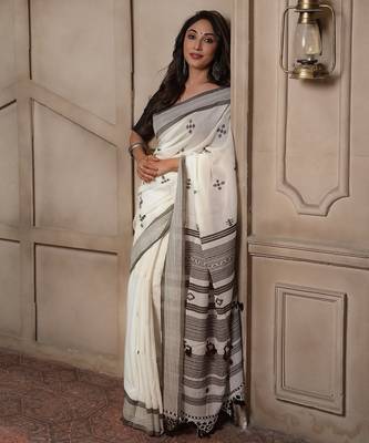 off white smart linen cotton blend smart printed saree 1