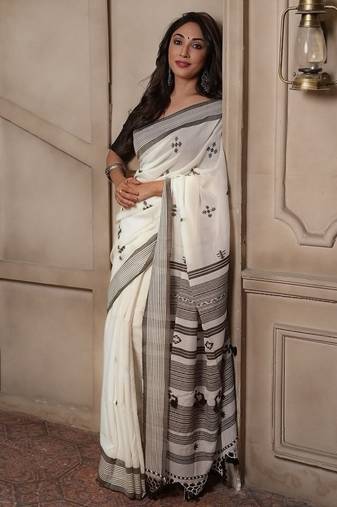 off white smart linen cotton blend smart printed saree