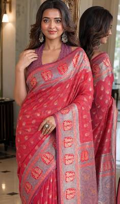Pink soft silk blend banarasi jacuard work festive saree with unstitched blouse piece 2