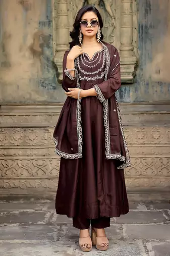 Coffee embroidered vichitra silk kurta pant dupatta set