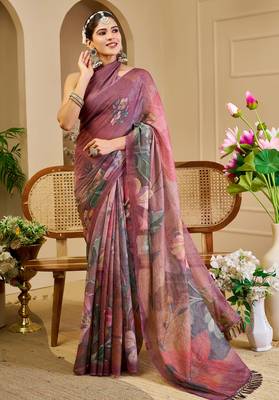maroon cotton blend zari weaving floral digital print festive saree with unstitched blouse piece 4