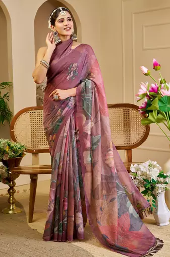 maroon cotton blend zari weaving floral digital print festive saree with unstitched blouse piece