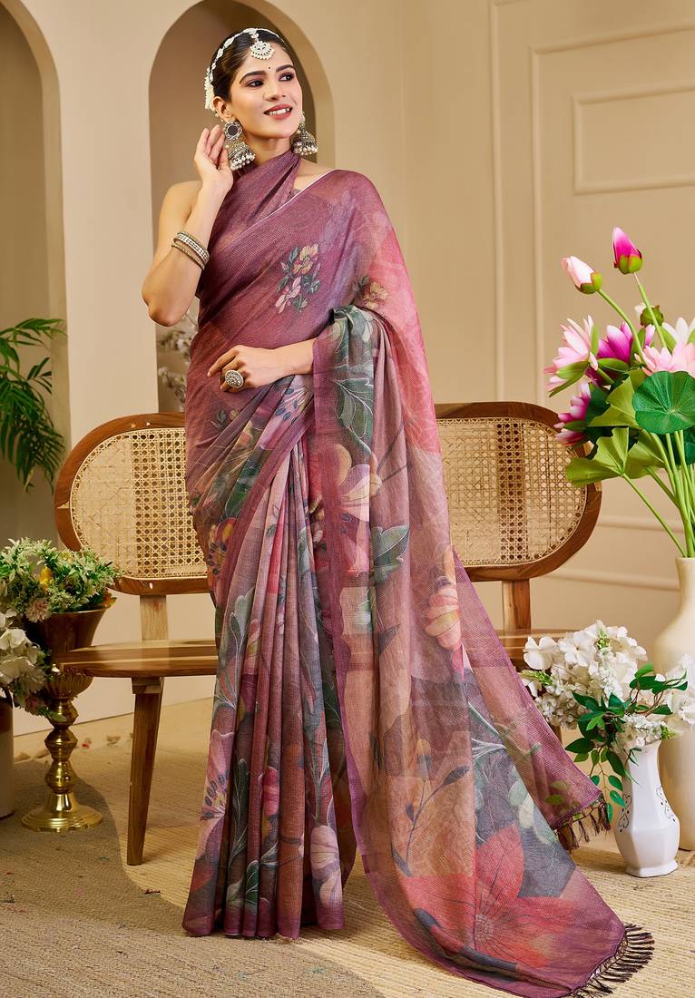 maroon cotton blend zari weaving floral digital print festive saree with unstitched blouse piece
