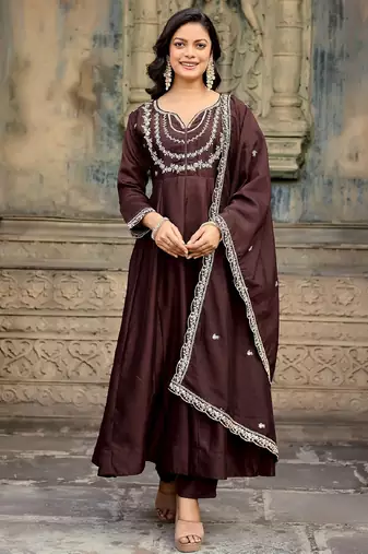 Coffee embroidered vichitra silk kurta pant dupatta set