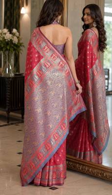 Pink soft silk blend banarasi jacuard work festive saree with unstitched blouse piece 3