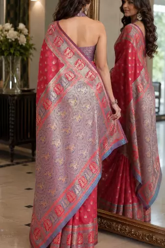 Pink soft silk blend banarasi jacuard work festive saree with unstitched blouse piece