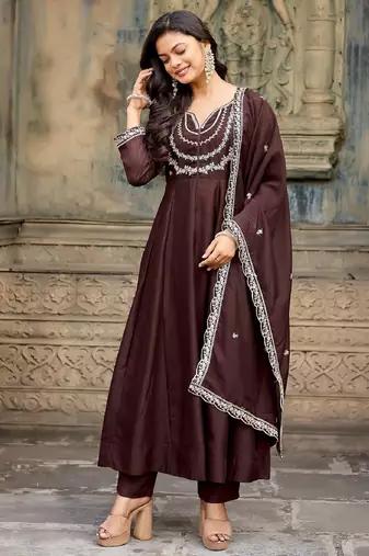 Coffee embroidered vichitra silk kurta pant dupatta set