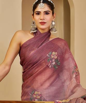 maroon cotton blend zari weaving floral digital print festive saree with unstitched blouse piece 5