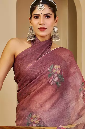 maroon cotton blend zari weaving floral digital print festive saree with unstitched blouse piece
