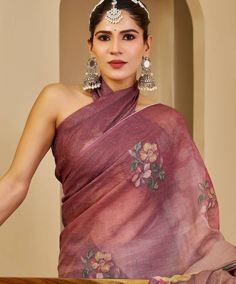 maroon cotton blend zari weaving floral digital print festive saree with unstitched blouse piece