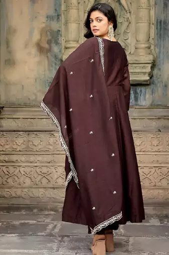Coffee embroidered vichitra silk kurta pant dupatta set