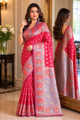 Pink soft silk blend banarasi jacuard work festive saree with unstitched blouse piece 4