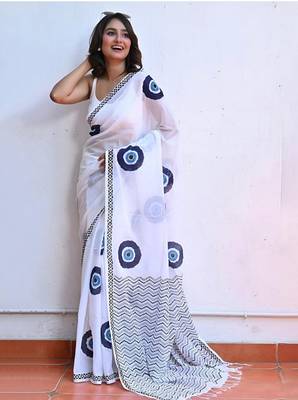 white smart linen cotton blend smart printed saree 1