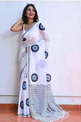 white smart linen cotton blend smart printed saree