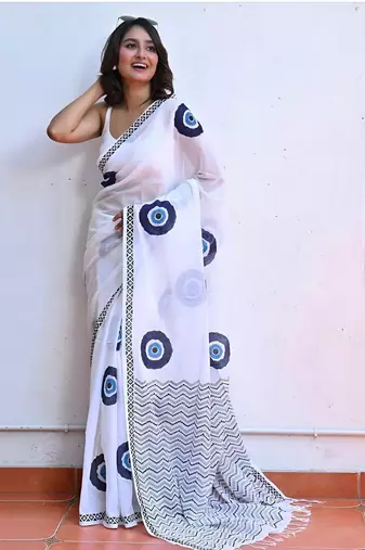 white smart linen cotton blend smart printed saree