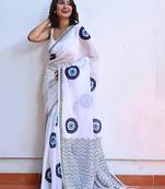 white smart linen cotton blend smart printed saree