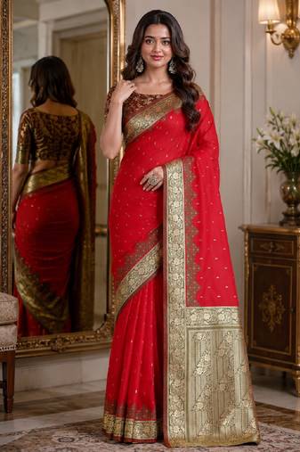Red soft silk blend banarasi jacuard work festive saree with unstitched blouse piece