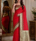 Red soft silk blend banarasi jacuard work festive saree with unstitched blouse piece