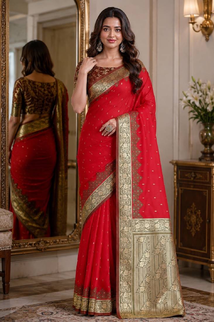 Red soft silk blend banarasi jacuard work festive saree with unstitched blouse piece
