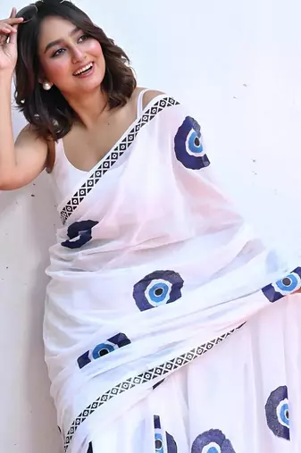 white smart linen cotton blend smart printed saree