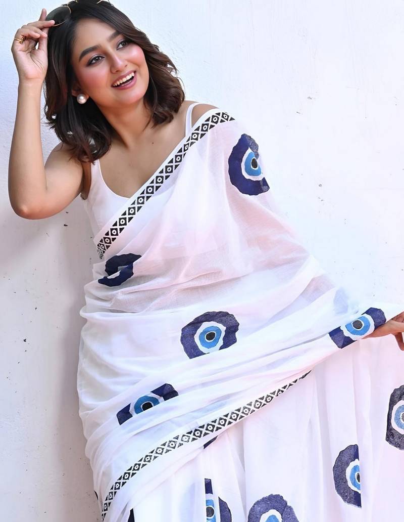white smart linen cotton blend smart printed saree