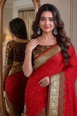 Red soft silk blend banarasi jacuard work festive saree with unstitched blouse piece 2