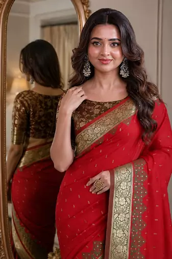 Red soft silk blend banarasi jacuard work festive saree with unstitched blouse piece